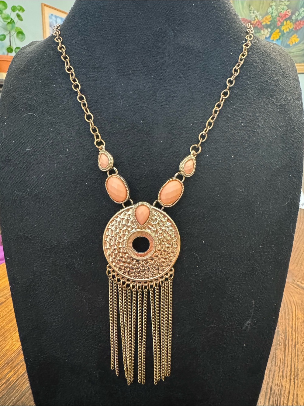 Boho Gold Tone Statement Necklace Coral Orange Stones Chain Tassel Pendant